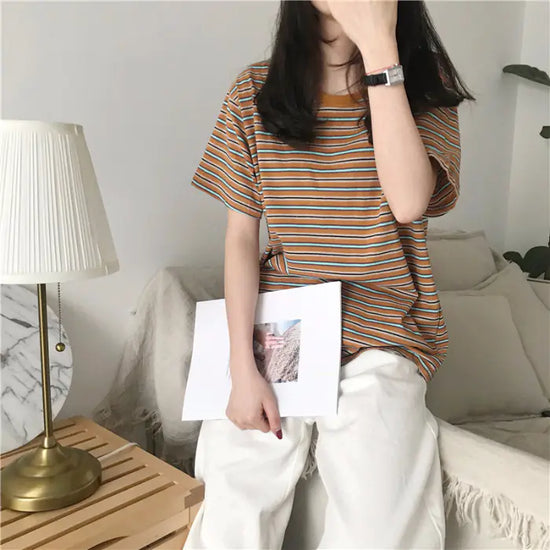 Loose Striped Short Sleeve T-Shirt for Women