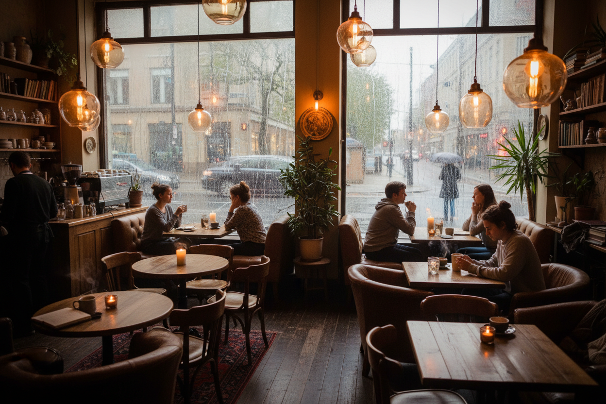 cozy cafe that is raining outside and there's people inside drinking coffee